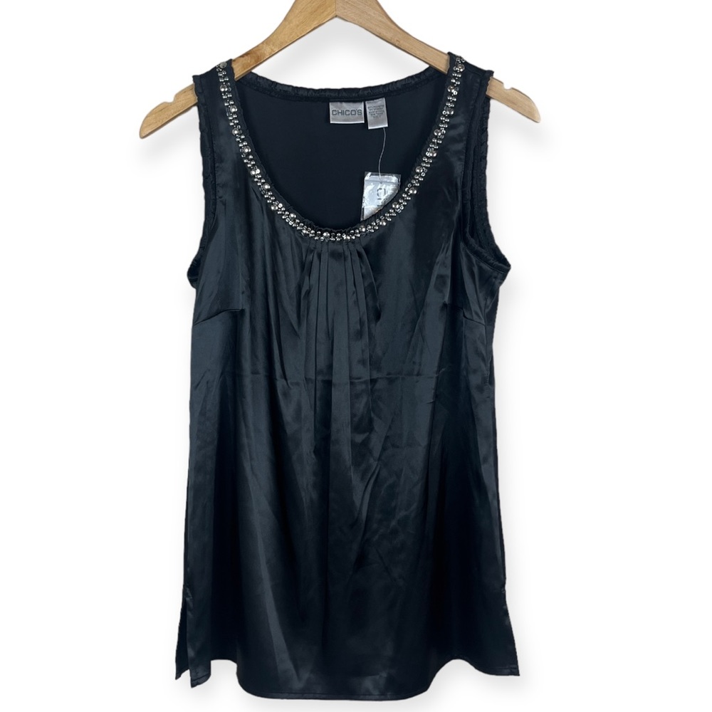 CHICOS Black Satin Silver Studded Tank Top 1 MEDIUM Scoop Neck Western NWT